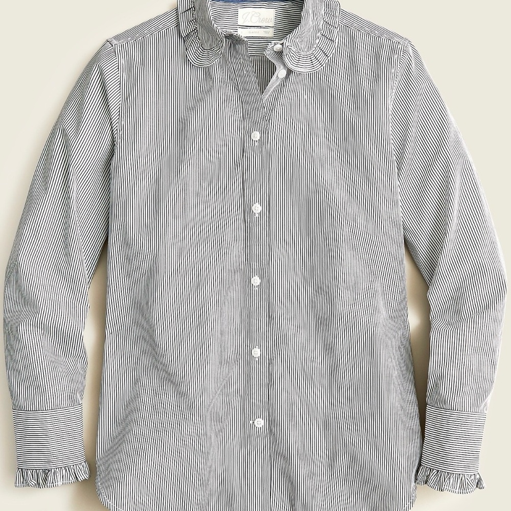 J. Crew Women’s Black and White Stripe Button-Down Shirt with Ruffle Details.
